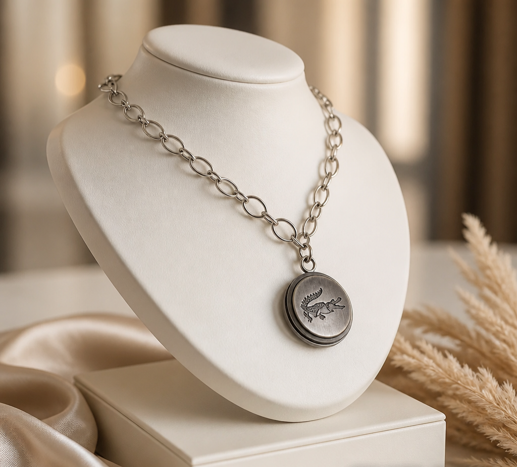 Collier en acier inoxydable – Bouton ancien upcyclé argenté